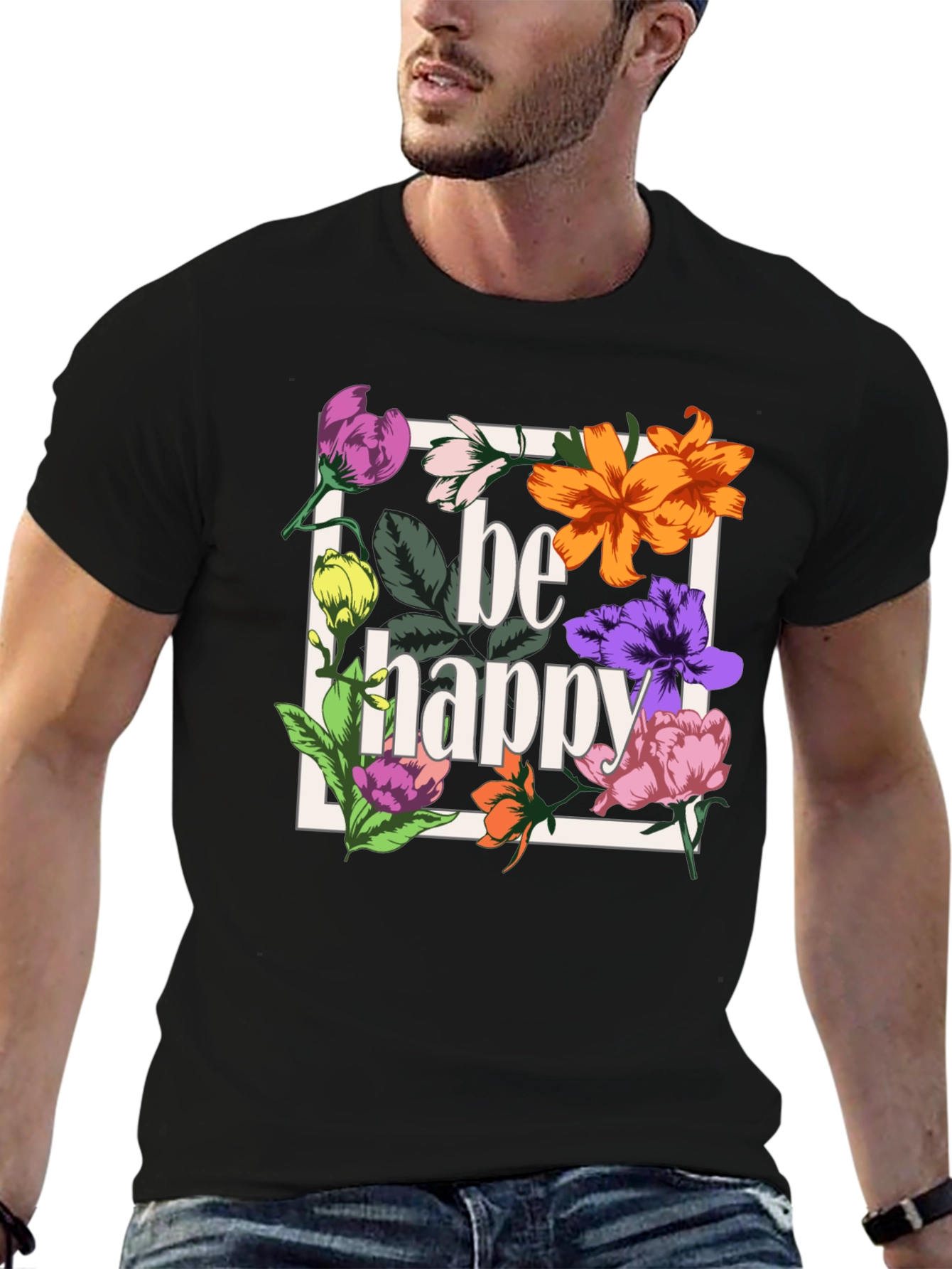 Be Happy Floral Graphic T-Shirt - Black