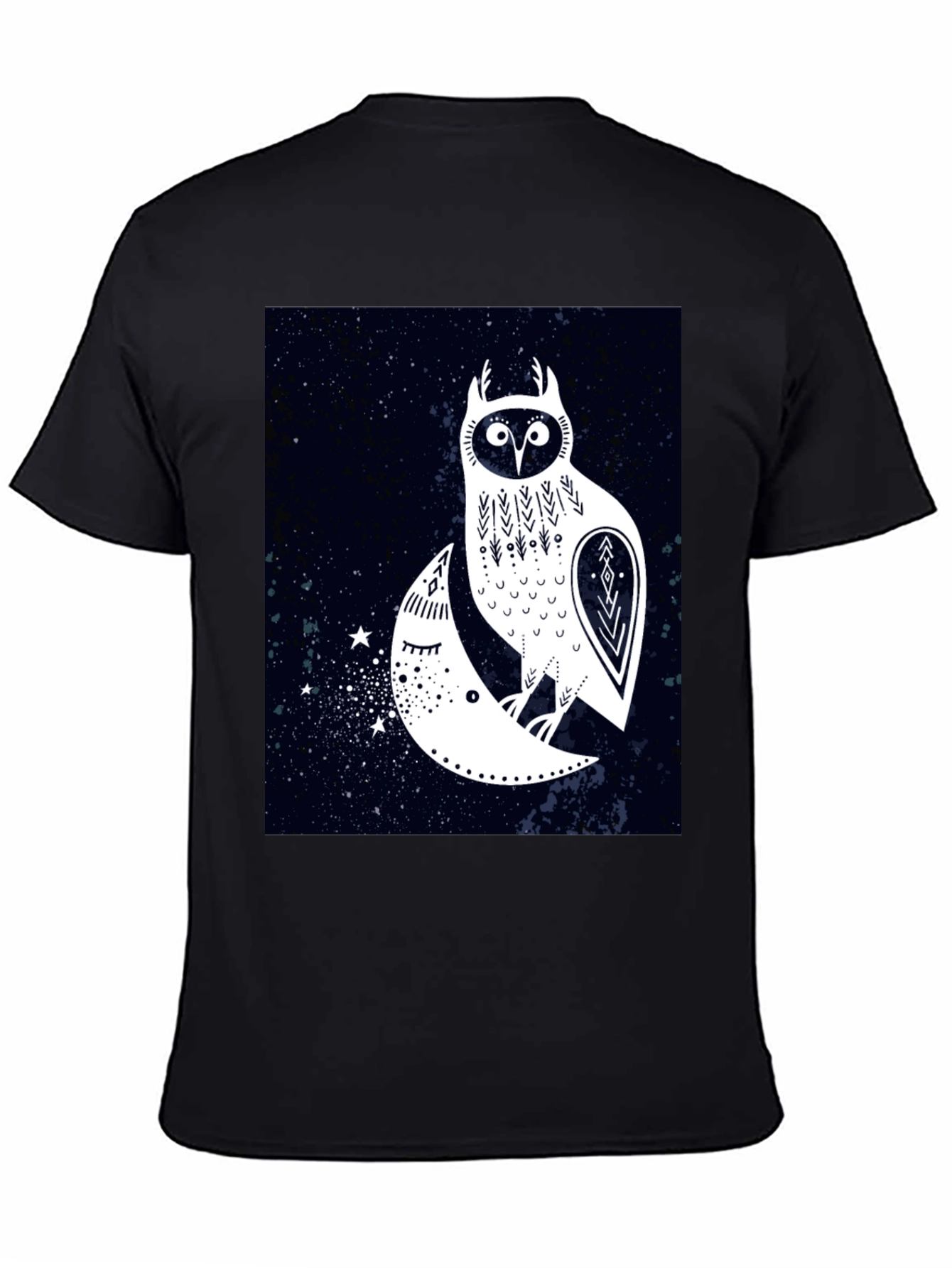 Owl and Moon Graphic Tee - Black Cotton T-Shirt