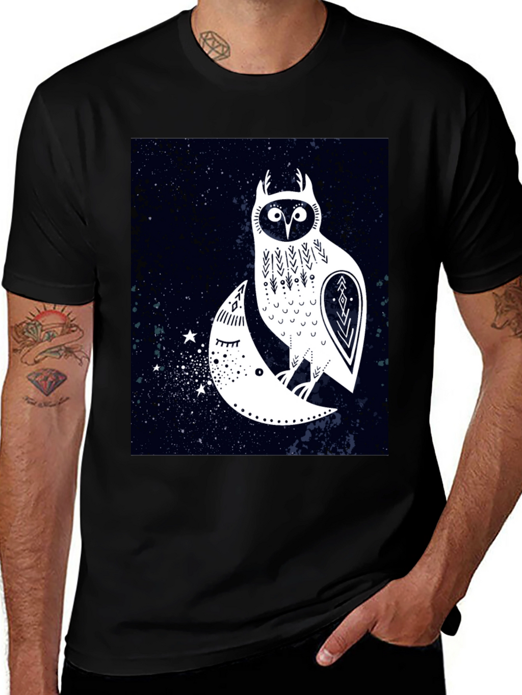 Owl and Moon Graphic Tee - Black Cotton T-Shirt