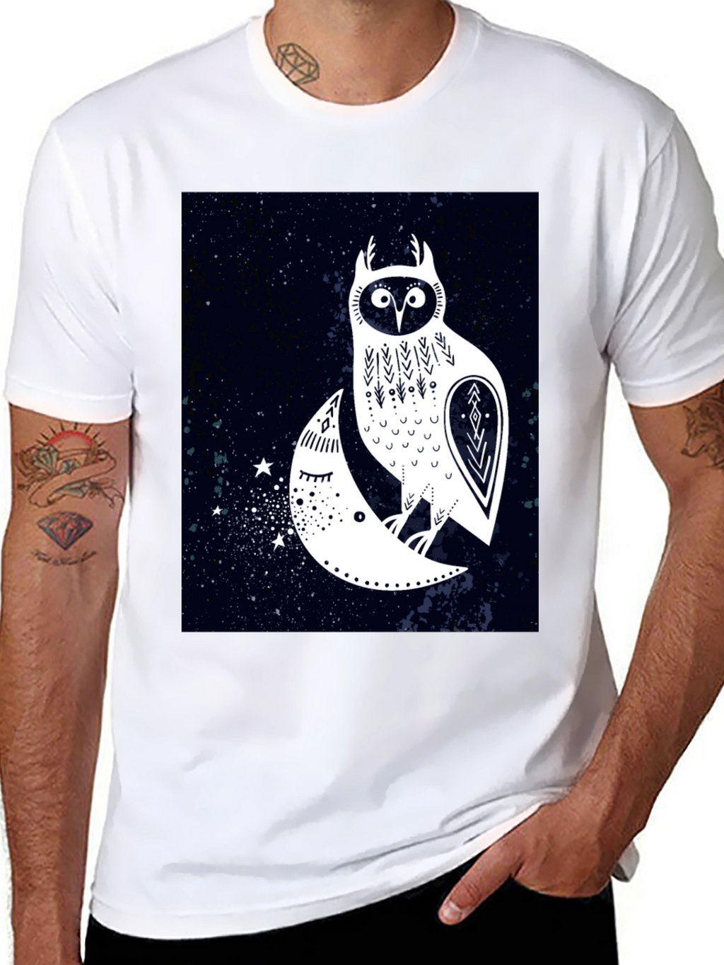 Owl and Moon Graphic Tee - Black Cotton T-Shirt
