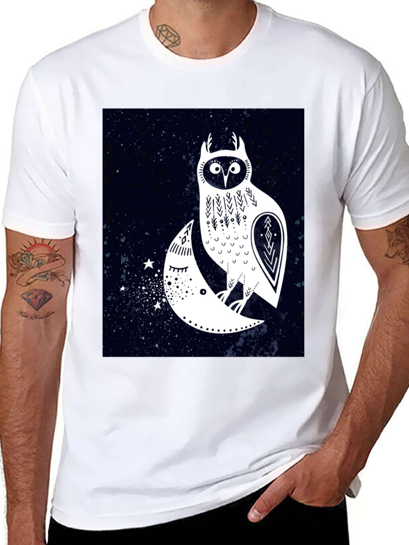 Owl and Moon Graphic Tee - Black Cotton T-Shirt