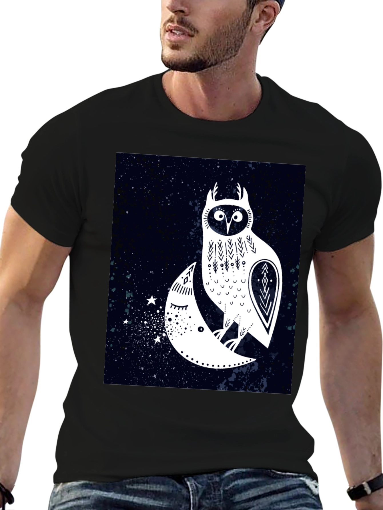 Owl and Moon Graphic Tee - Black Cotton T-Shirt