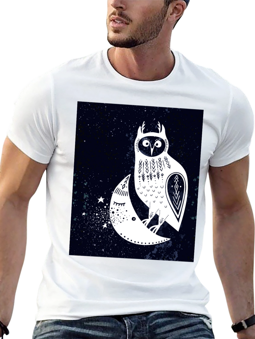 Owl and Moon Graphic Tee - Black Cotton T-Shirt