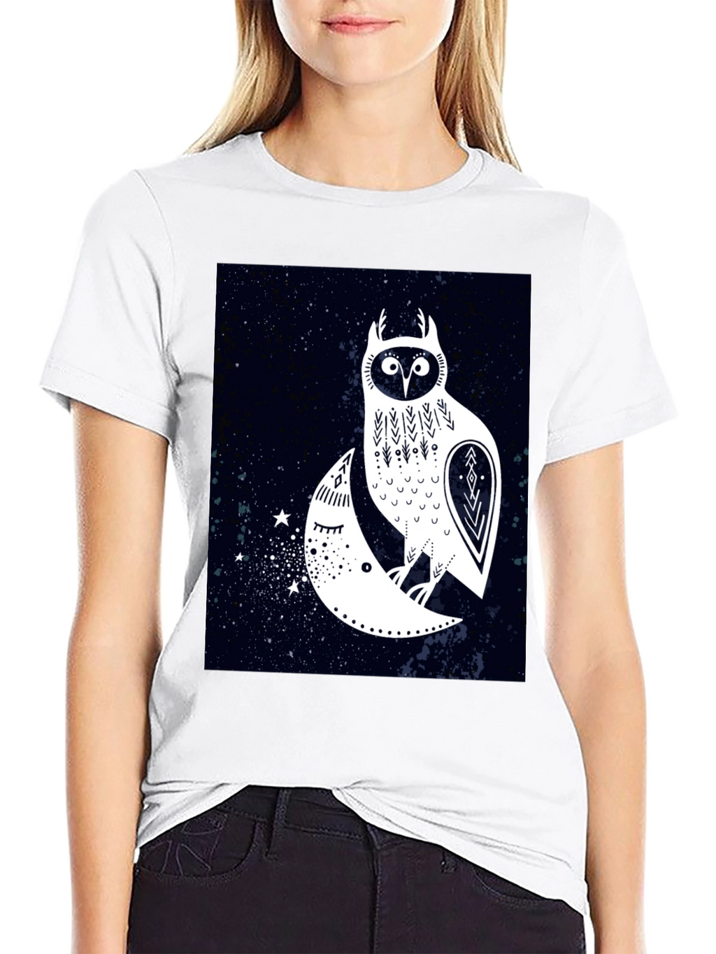 Owl and Moon Graphic Tee - Black Cotton T-Shirt