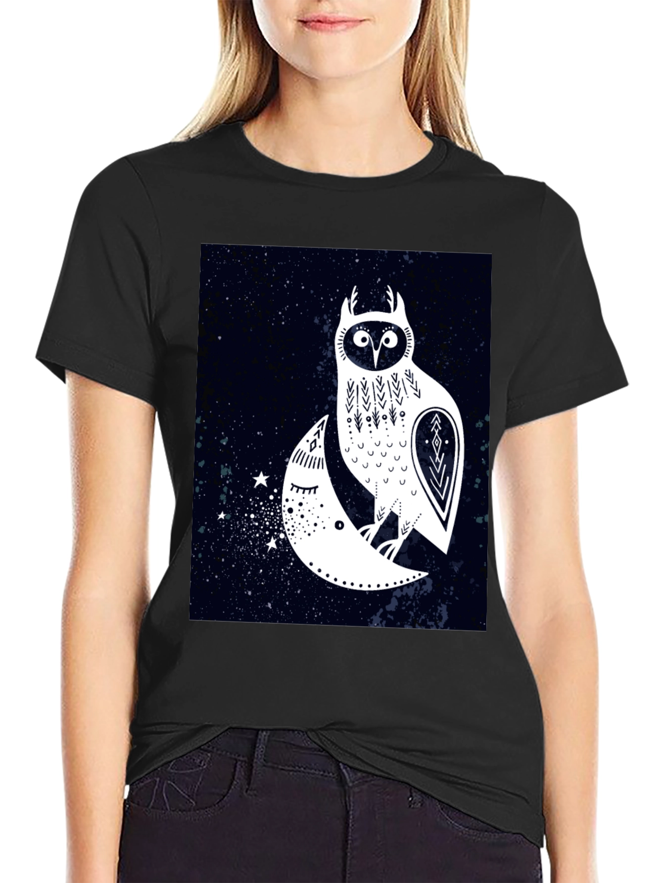 Owl and Moon Graphic Tee - Black Cotton T-Shirt