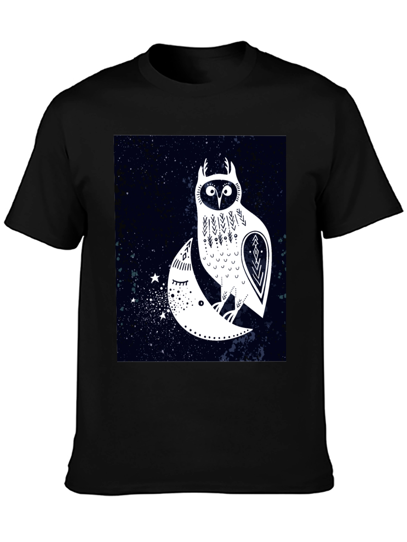 Owl and Moon Graphic Tee - Black Cotton T-Shirt