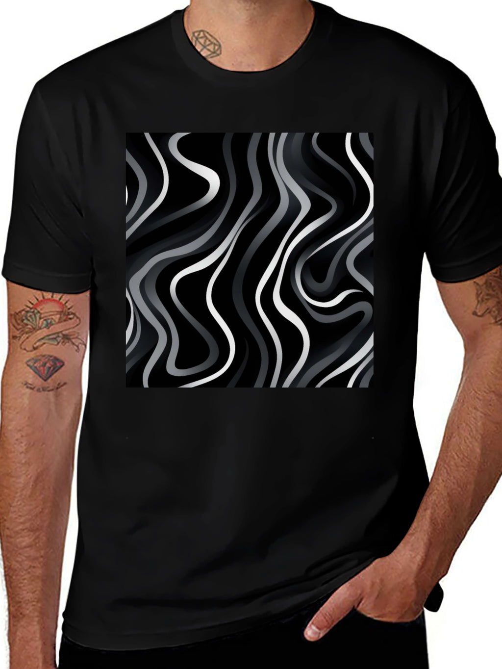 Abstract Wave Print Black T-Shirt