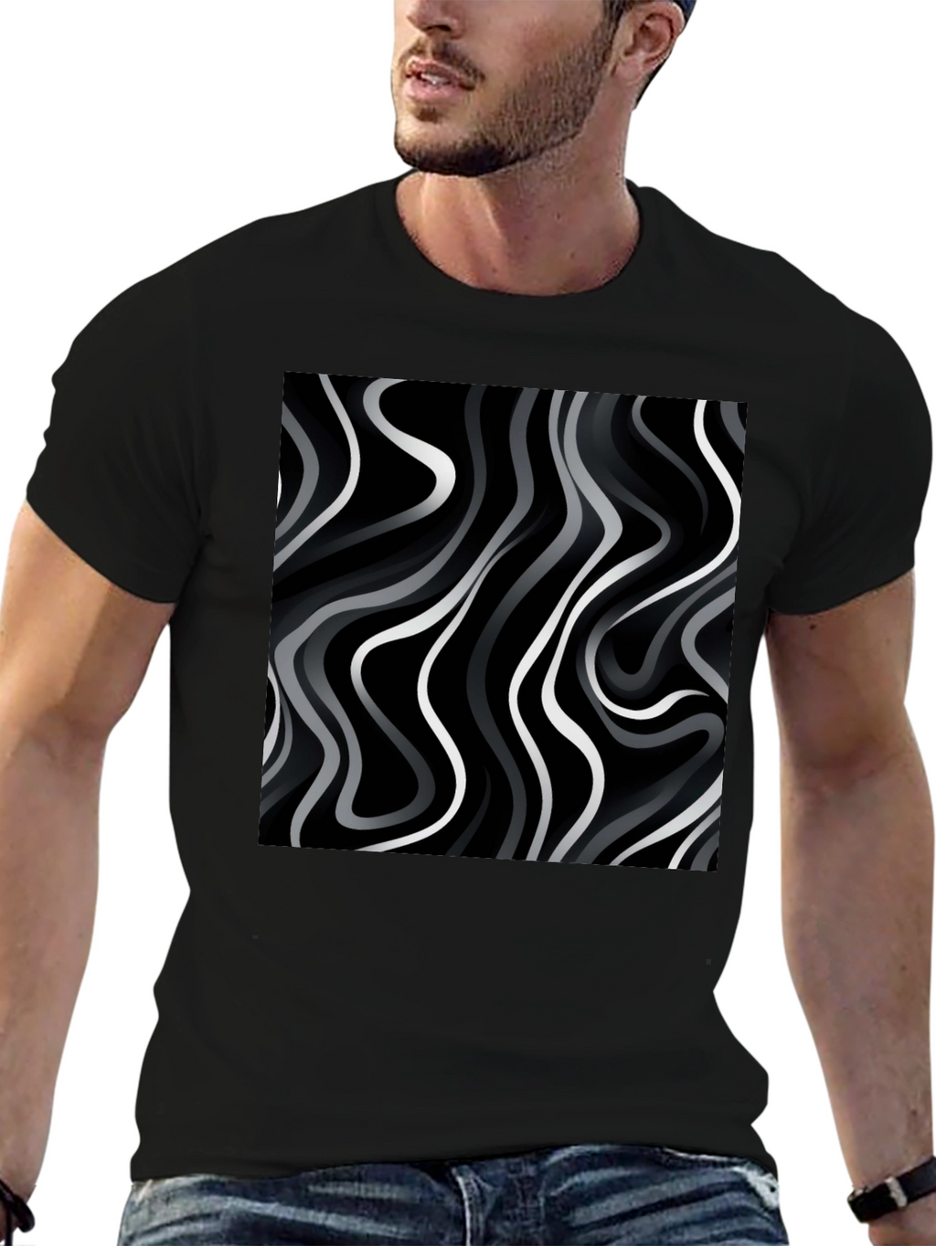 Abstract Wave Print Black T-Shirt