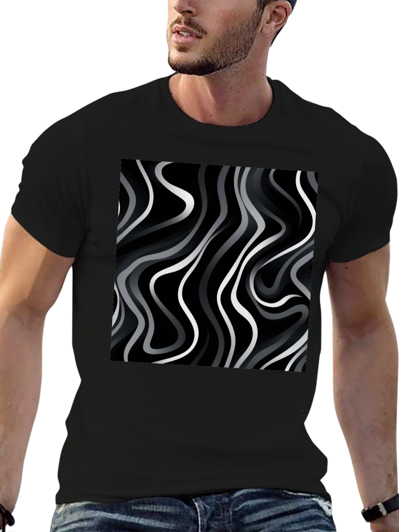 Abstract Wave Print Black T-Shirt