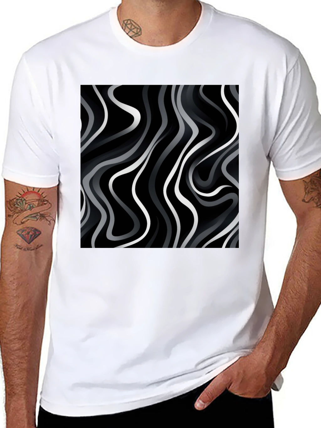 Abstract Wave Print Black T-Shirt