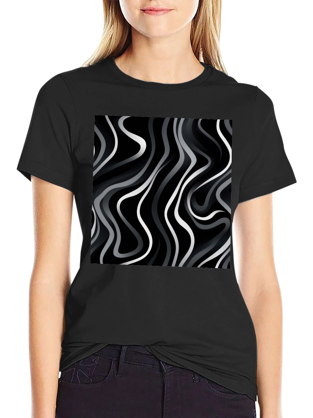 Abstract Wave Print Black T-Shirt