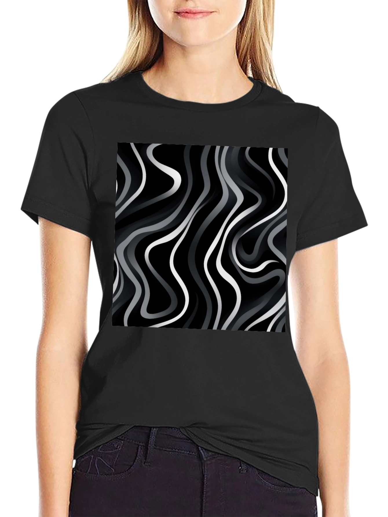 Abstract Wave Print Black T-Shirt