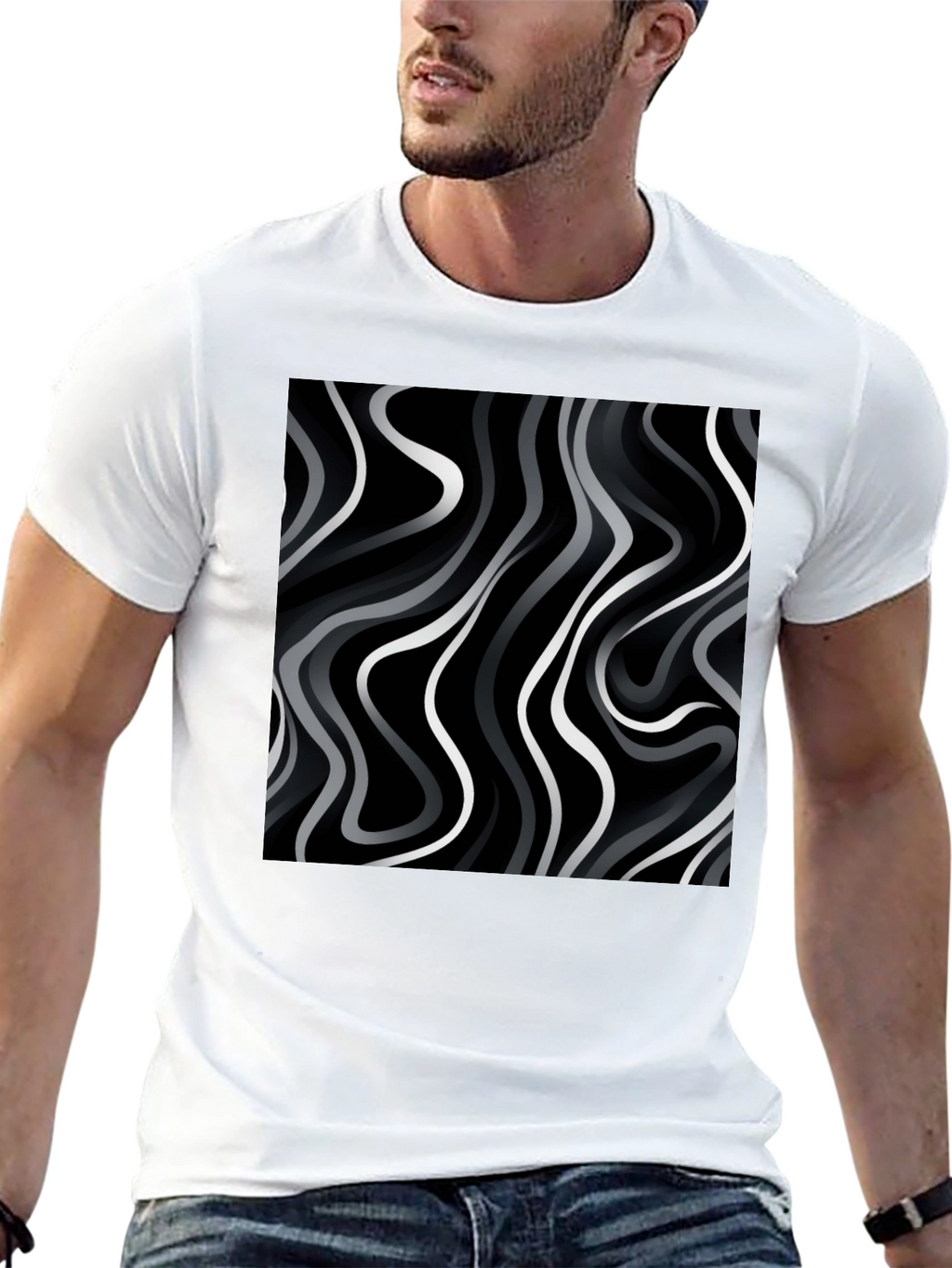 Abstract Wave Print Black T-Shirt
