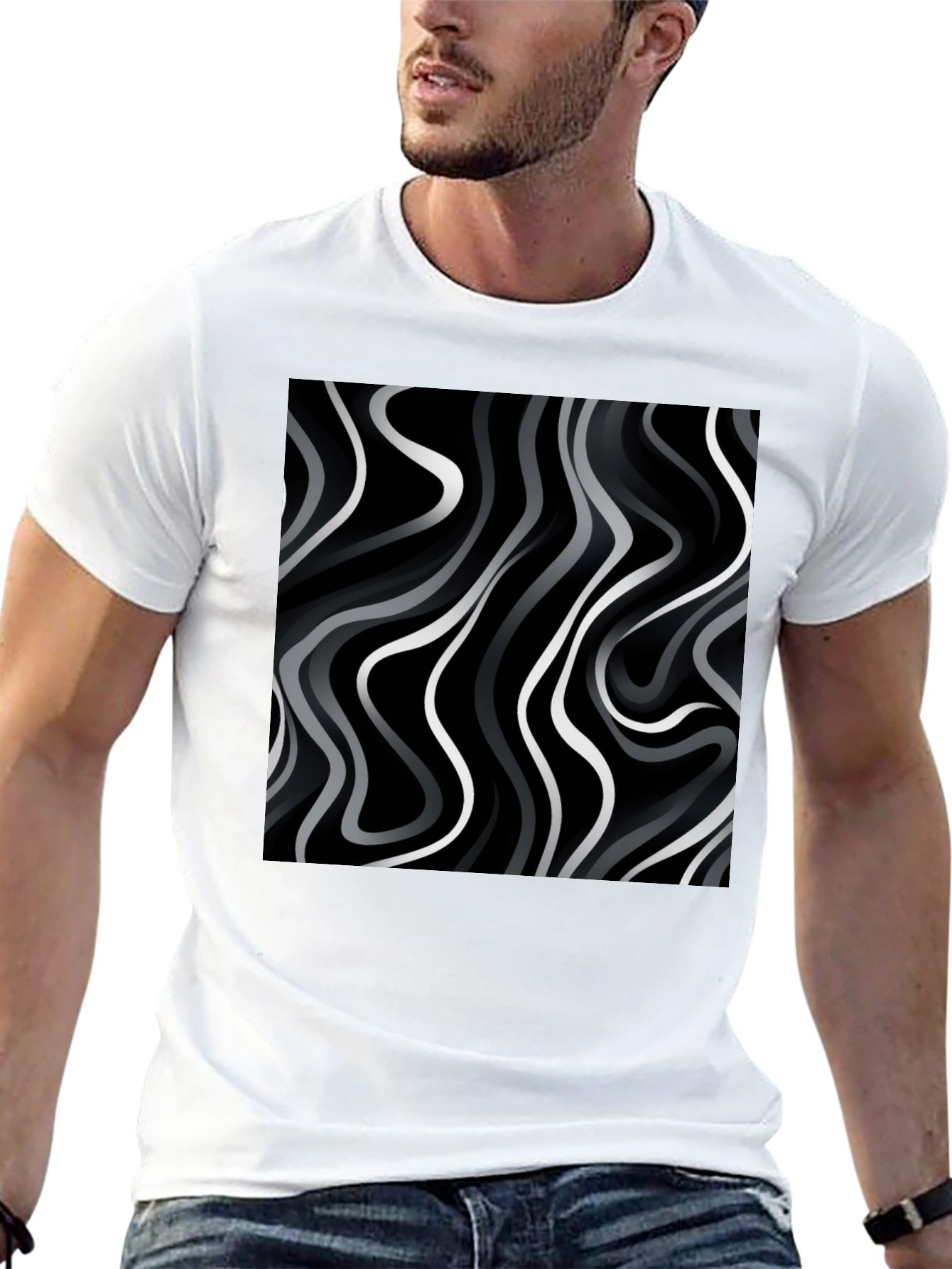 Abstract Wave Print Black T-Shirt