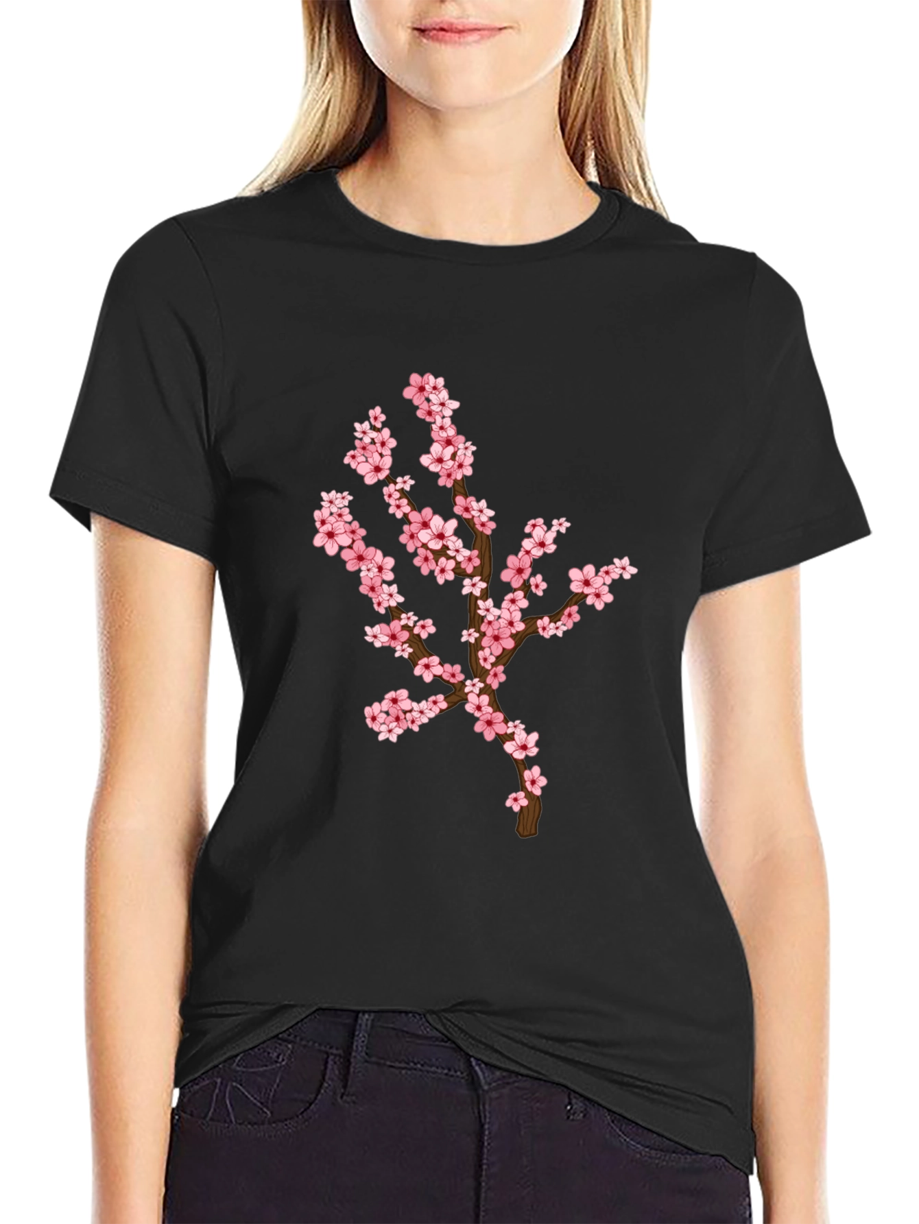 Blossom Branch Graphic Tee - Casual Black T-Shirt