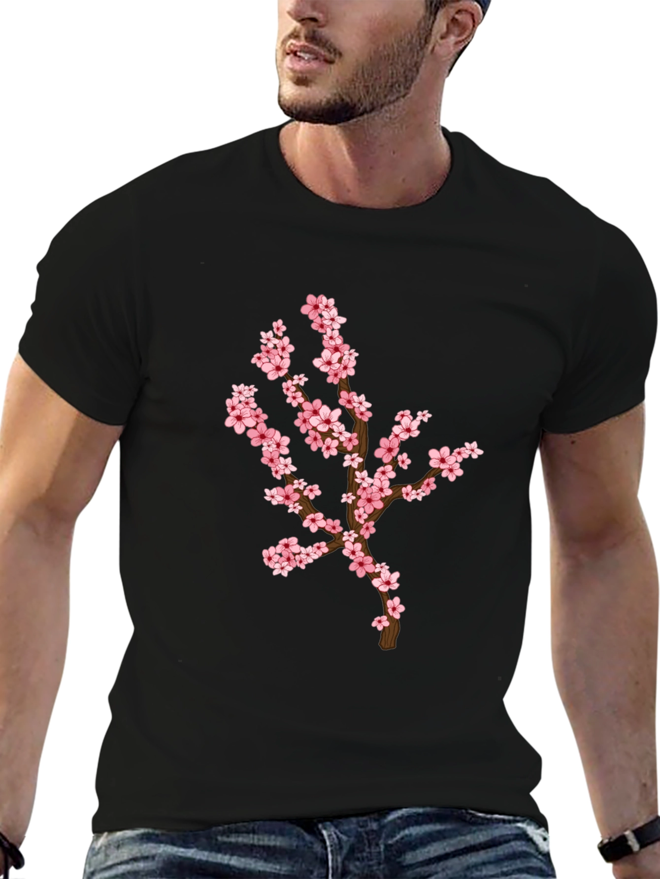Blossom Branch Graphic Tee - Casual Black T-Shirt