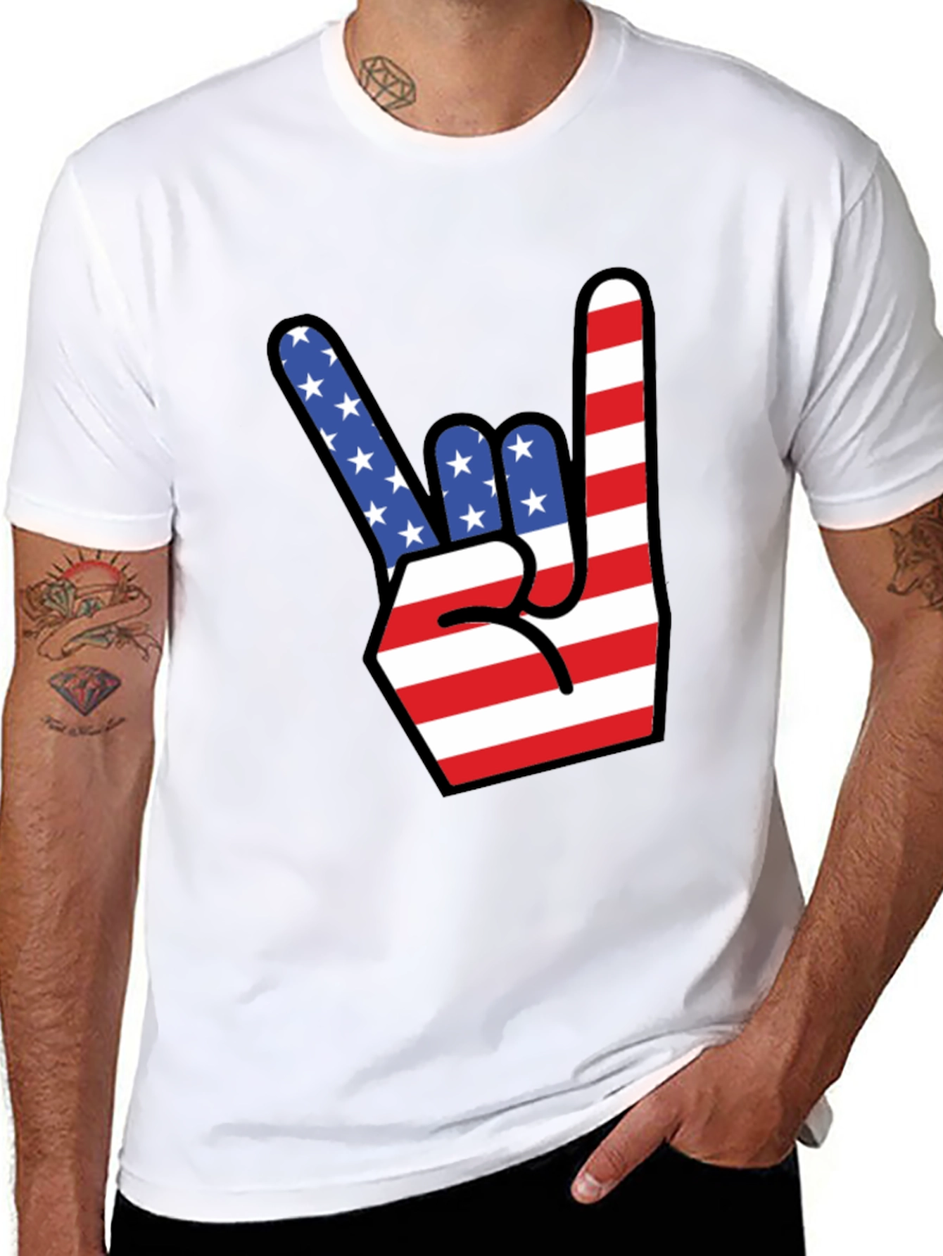 American Flag Rock On Gesture Graphic T-Shirt