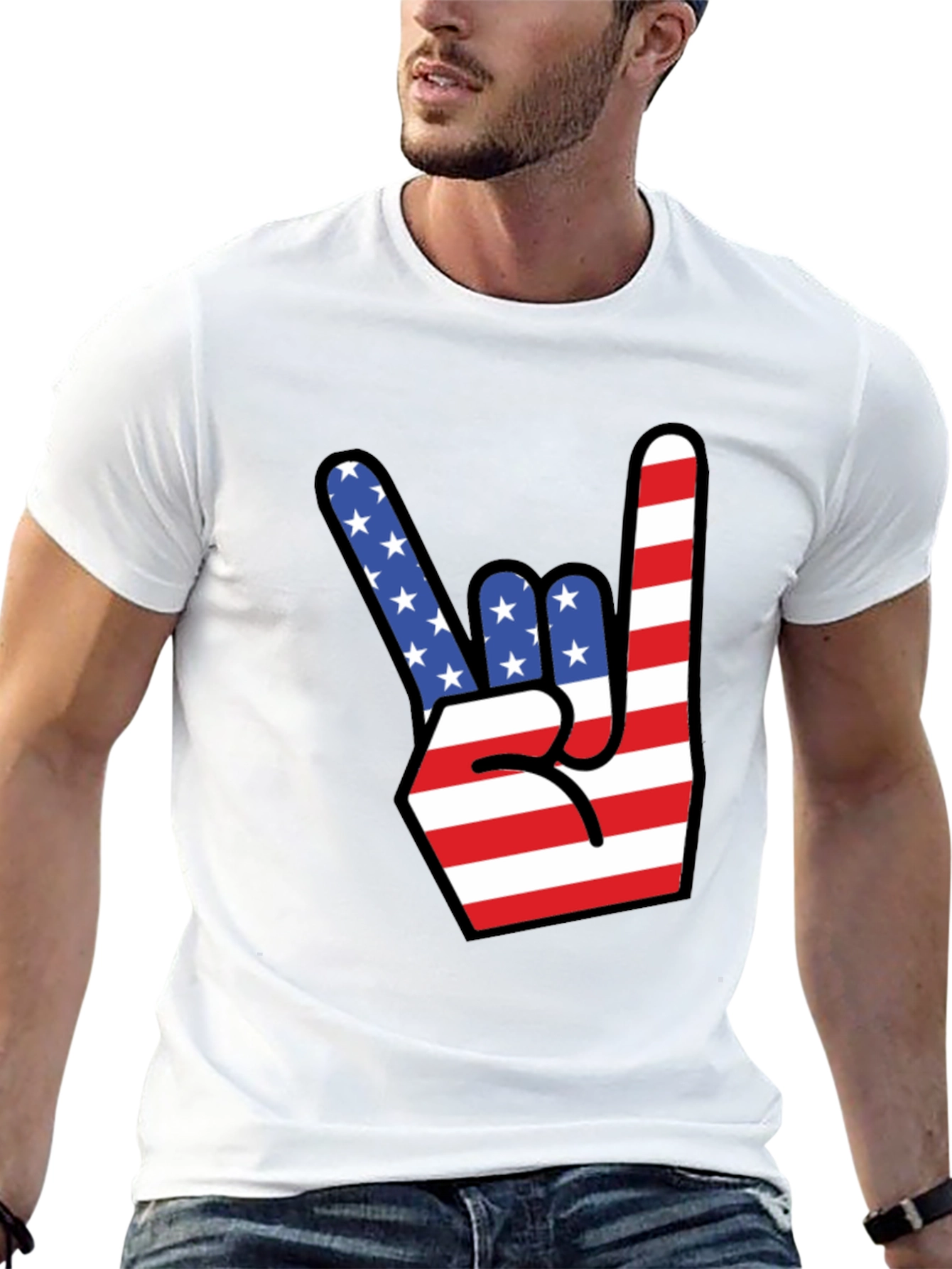 American Flag Rock On Gesture Graphic T-Shirt