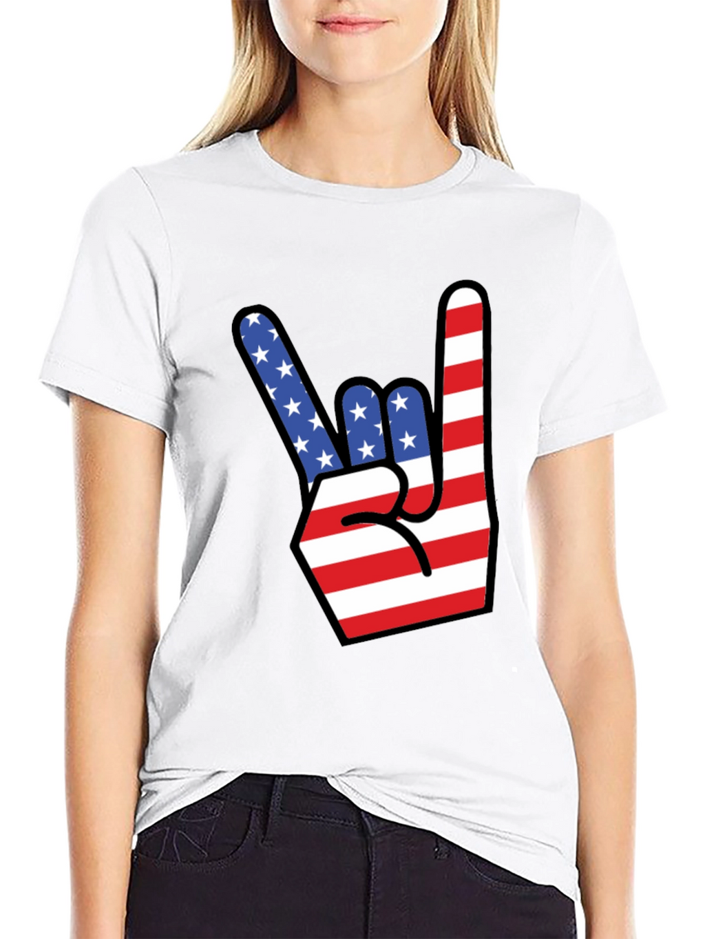 American Flag Rock On Gesture Graphic T-Shirt