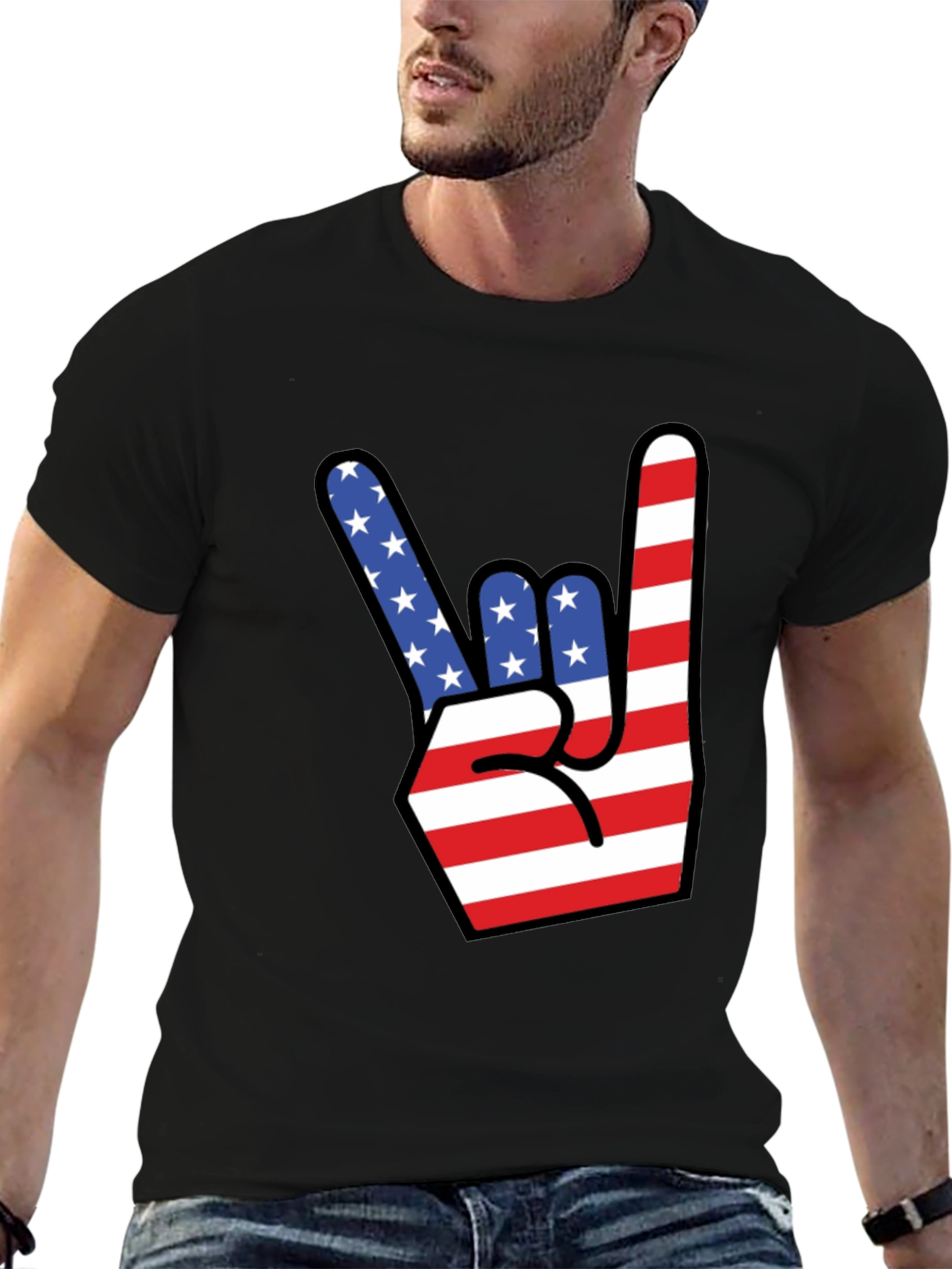 American Flag Rock On Gesture Graphic T-Shirt