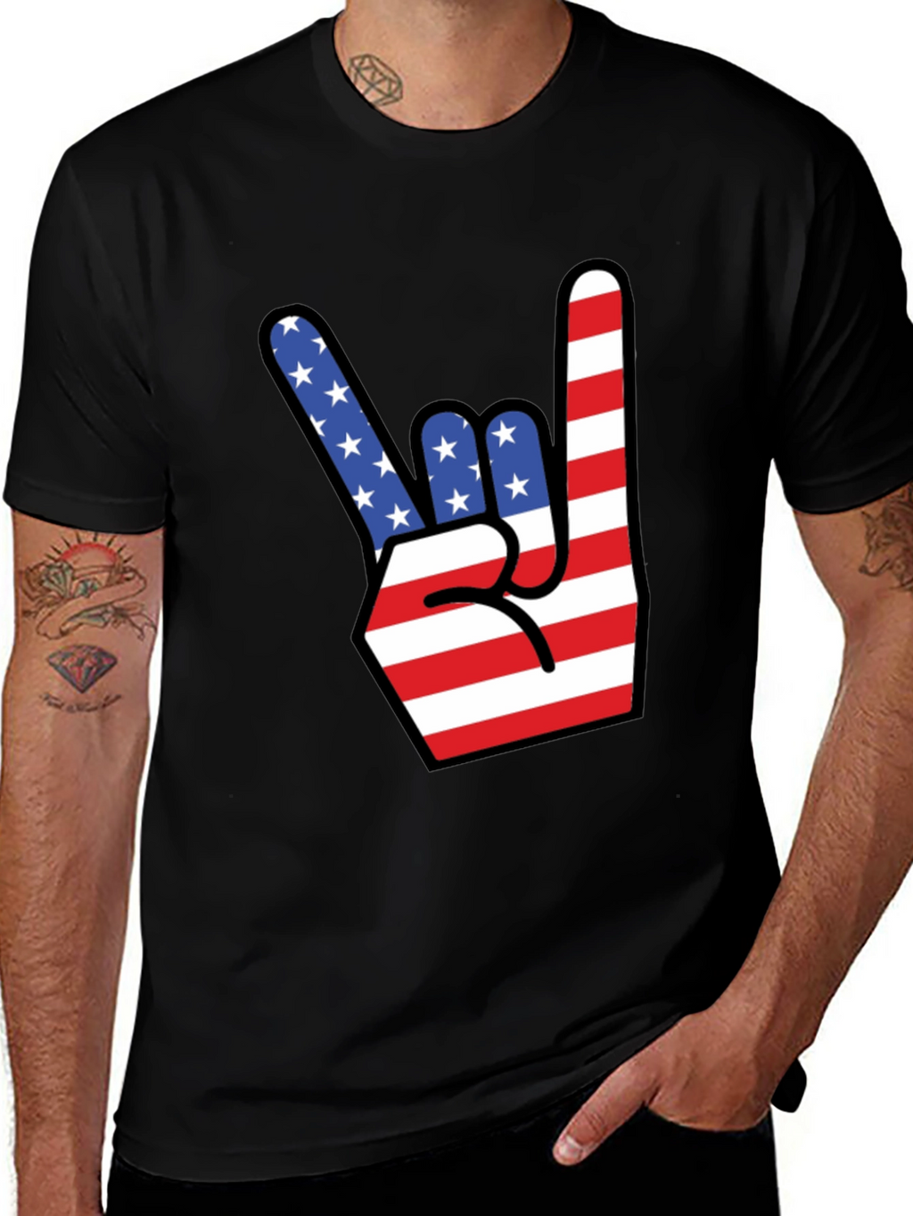 American Flag Rock On Gesture Graphic T-Shirt