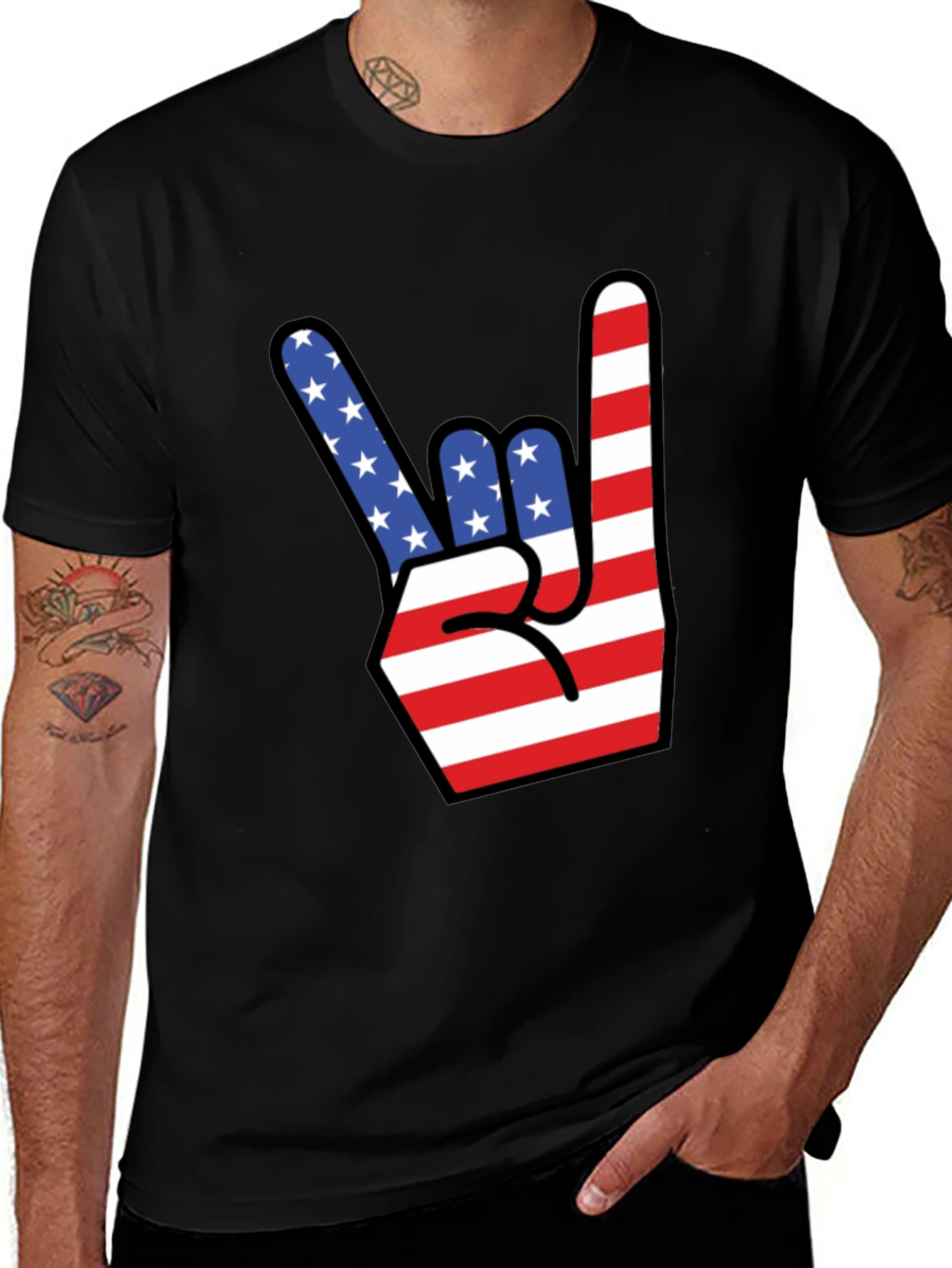 American Flag Rock On Gesture Graphic T-Shirt