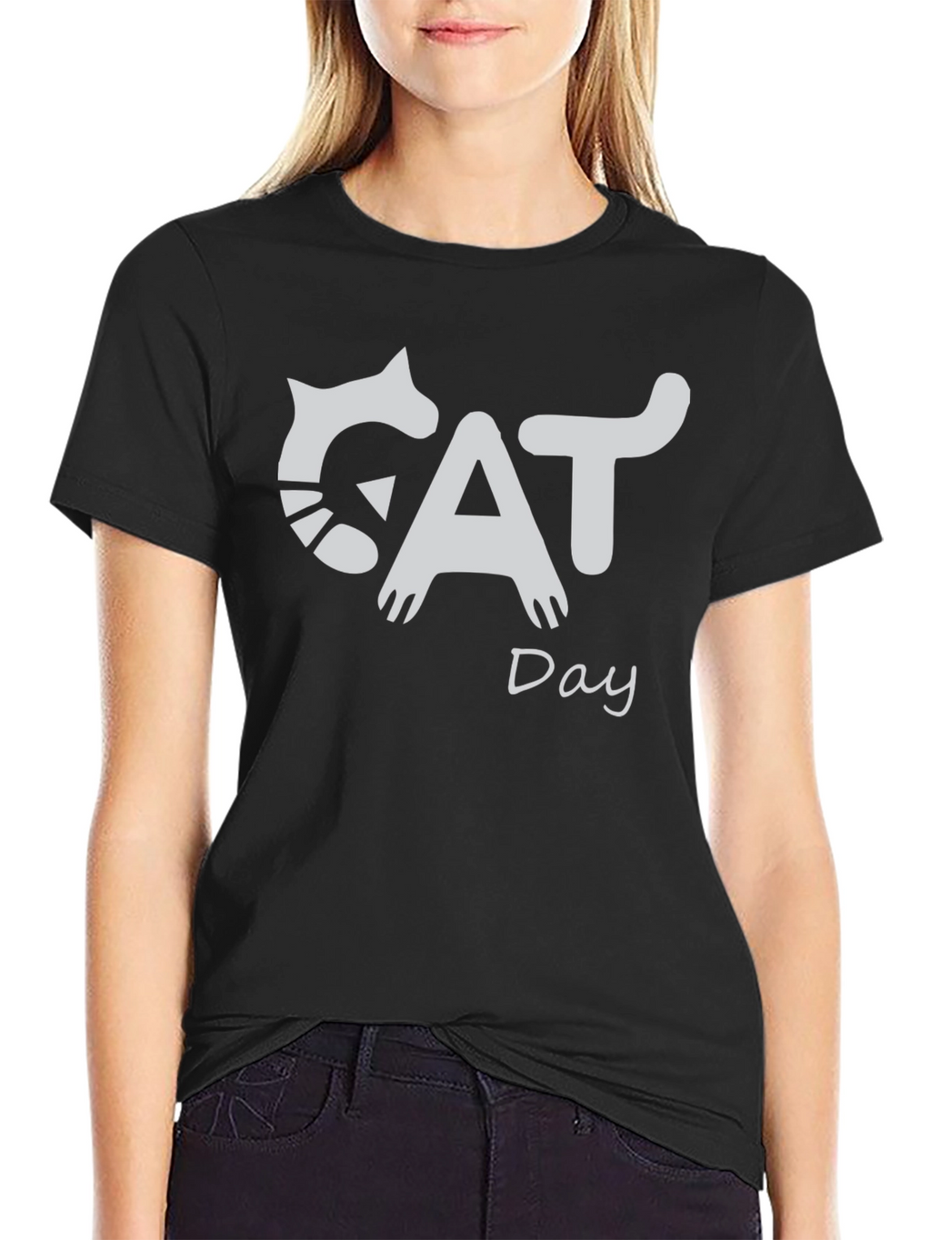 Cat Day Graphic T-Shirt - Black Crew Neck Tee