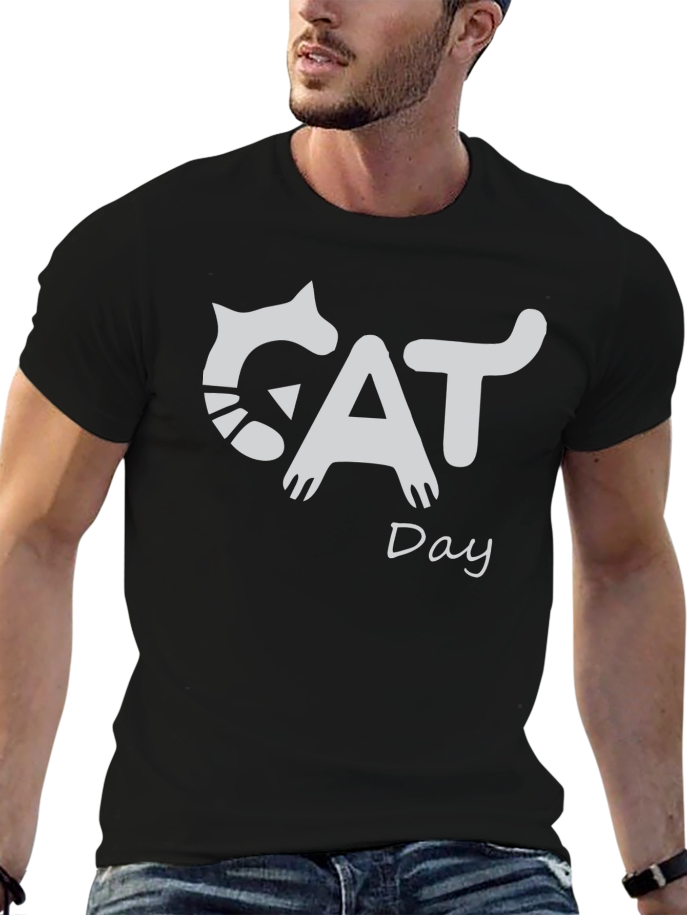 Cat Day Graphic T-Shirt - Black Crew Neck Tee