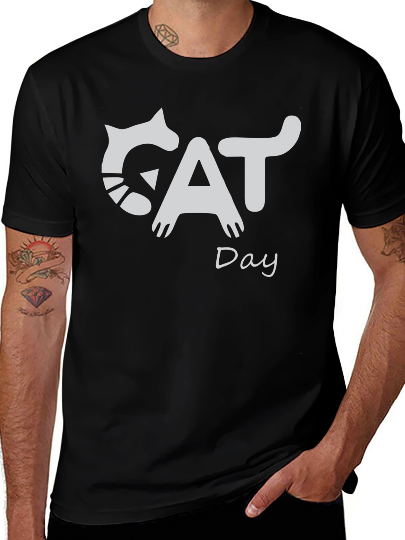 Cat Day Graphic T-Shirt - Black Crew Neck Tee
