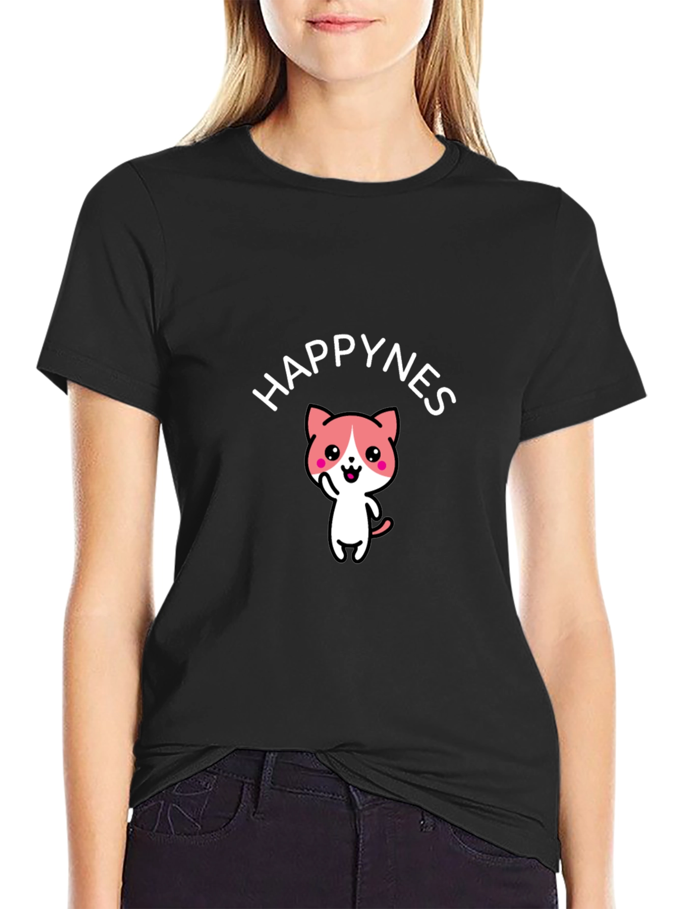 Happy Cat Graphic Tee - Black Cotton Comfort