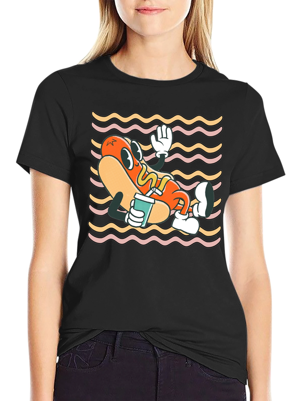 Cartoon Hotdog Graphic T-Shirt