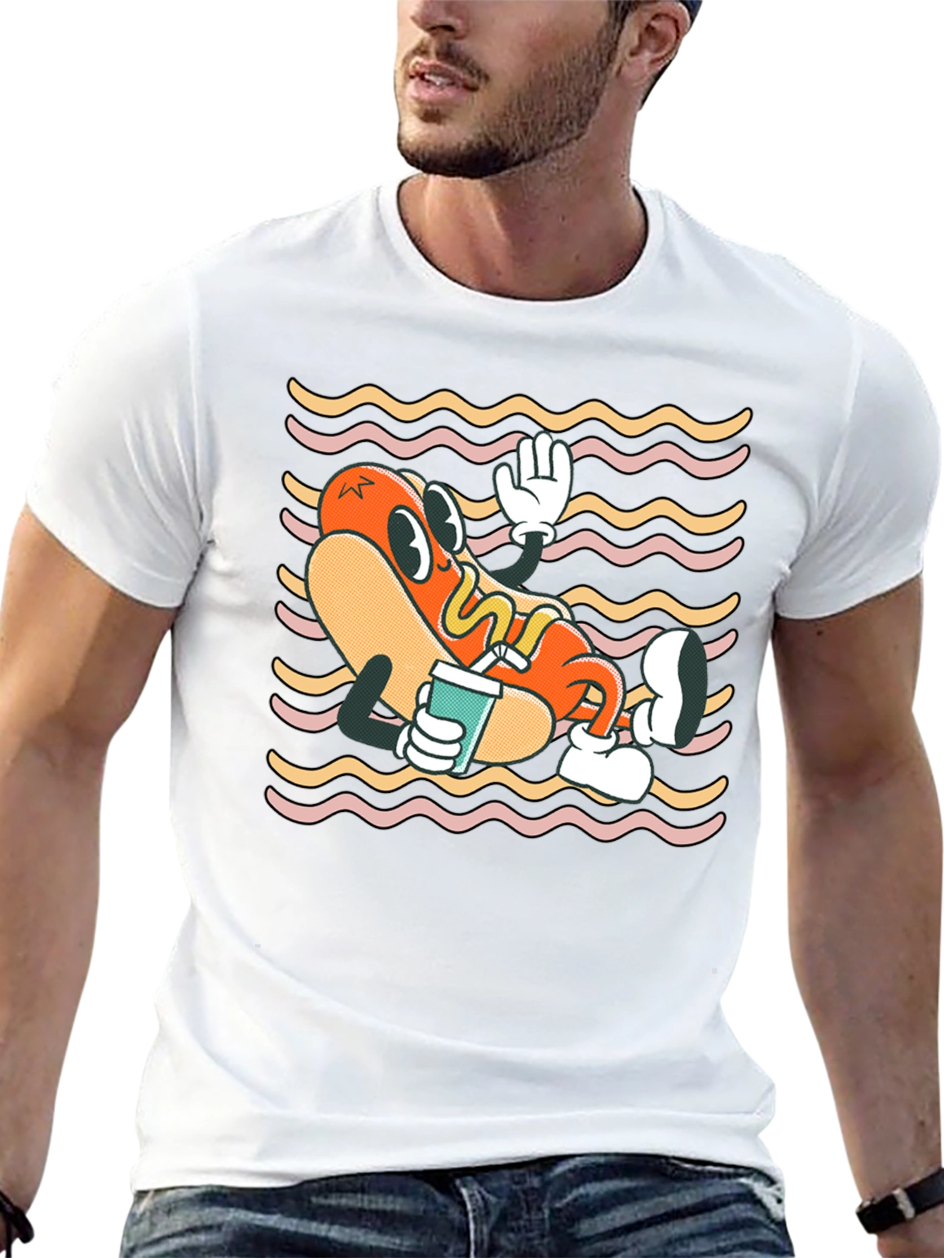 Cartoon Hotdog Graphic T-Shirt