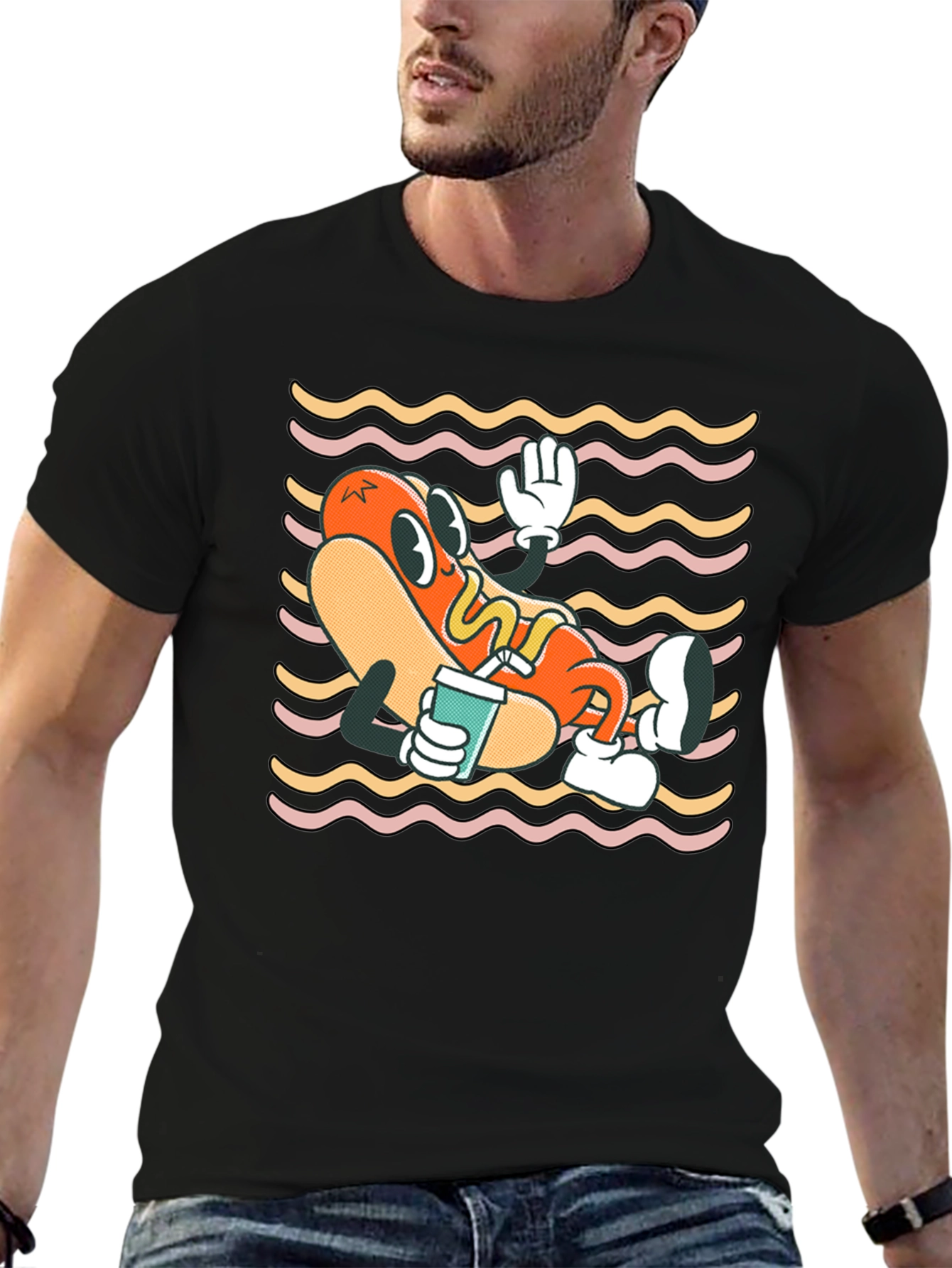 Cartoon Hotdog Graphic T-Shirt