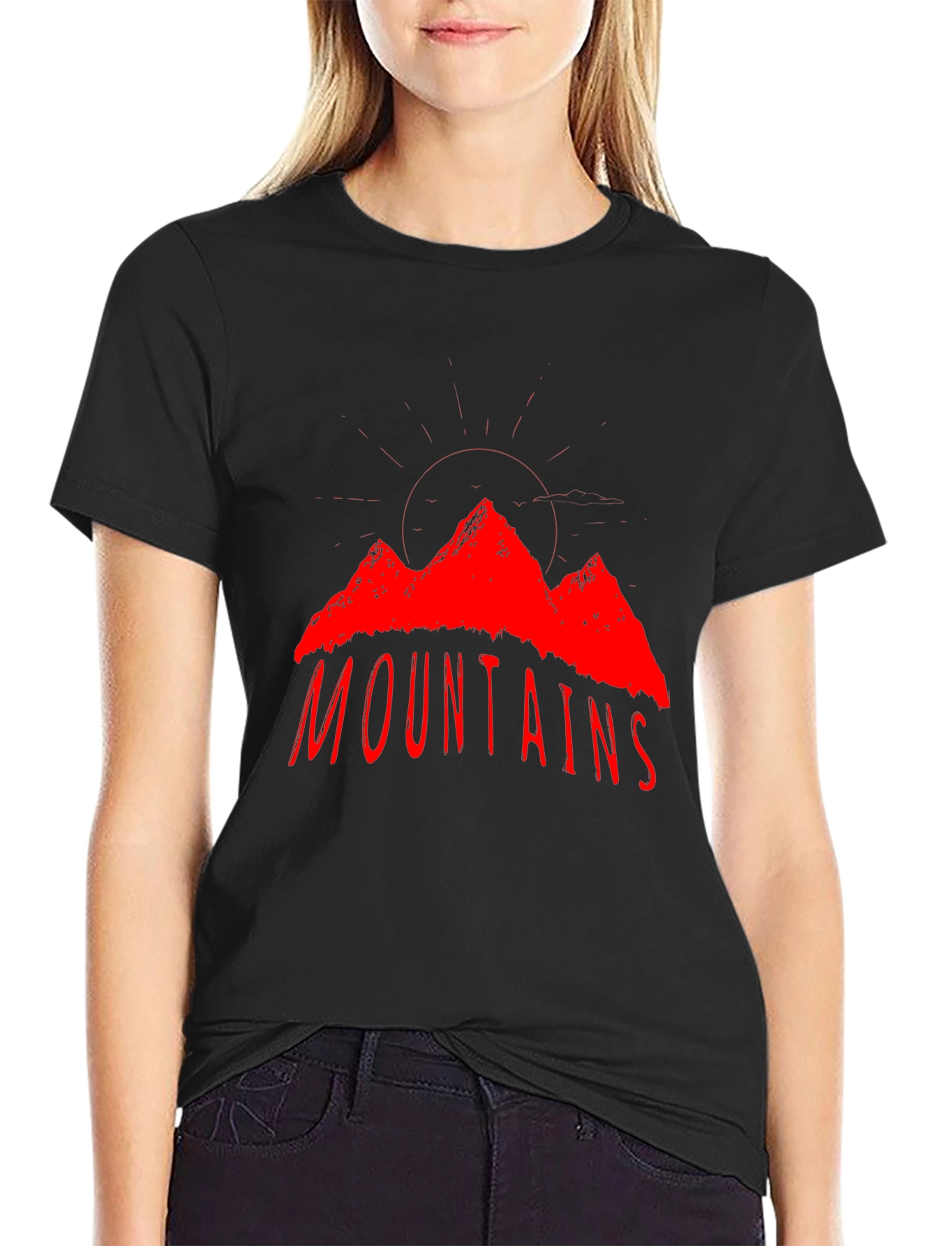 Mountains Graphic T-Shirt - Red Print on Black