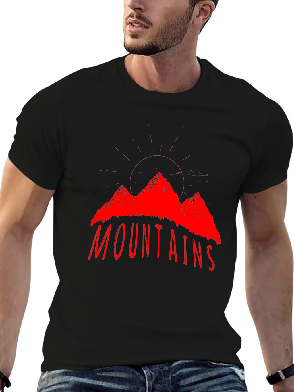 Mountains Graphic T-Shirt - Red Print on Black