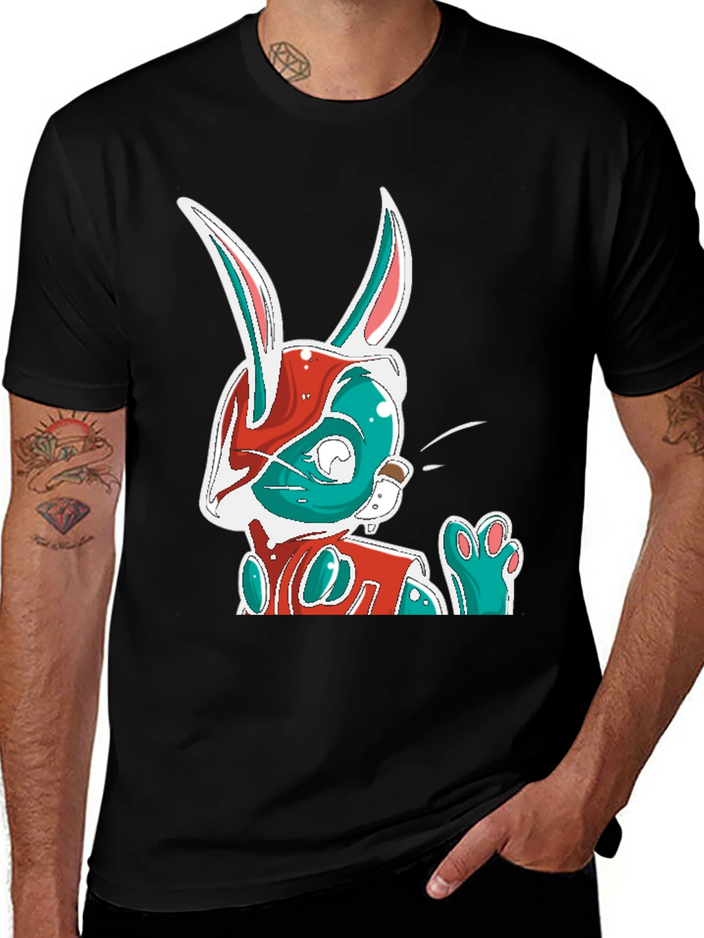 Cool Cartoon Rabbit Graphic Print Black T-Shirt