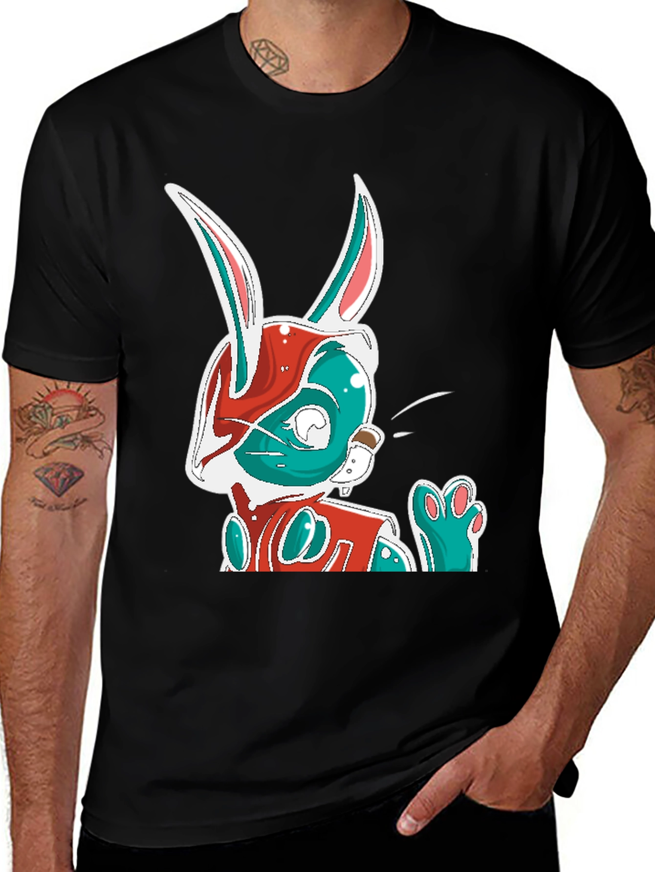 Cool Cartoon Rabbit Graphic Print Black T-Shirt