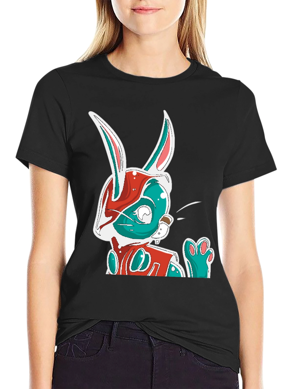 Cool Cartoon Rabbit Graphic Print Black T-Shirt