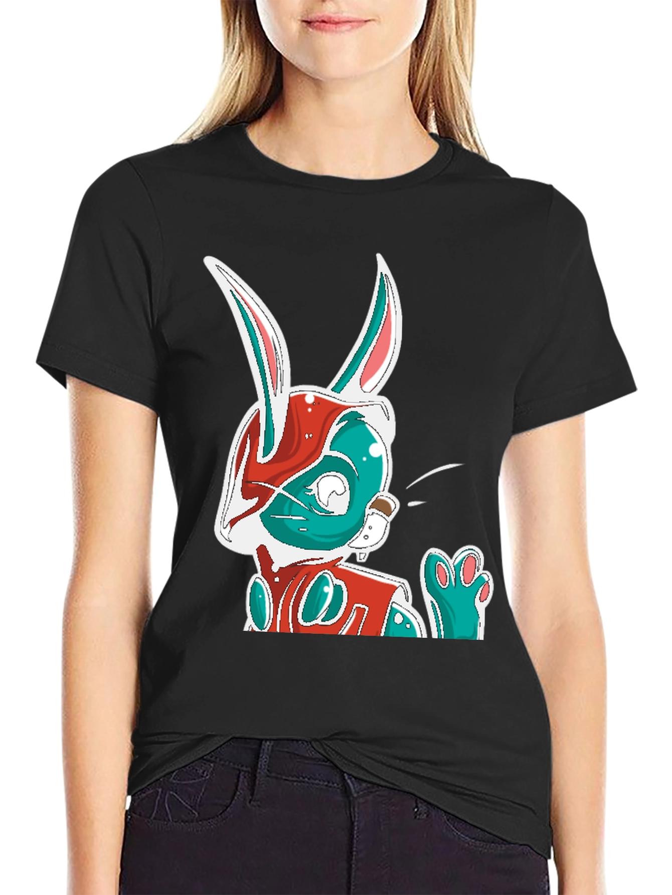Cool Cartoon Rabbit Graphic Print Black T-Shirt
