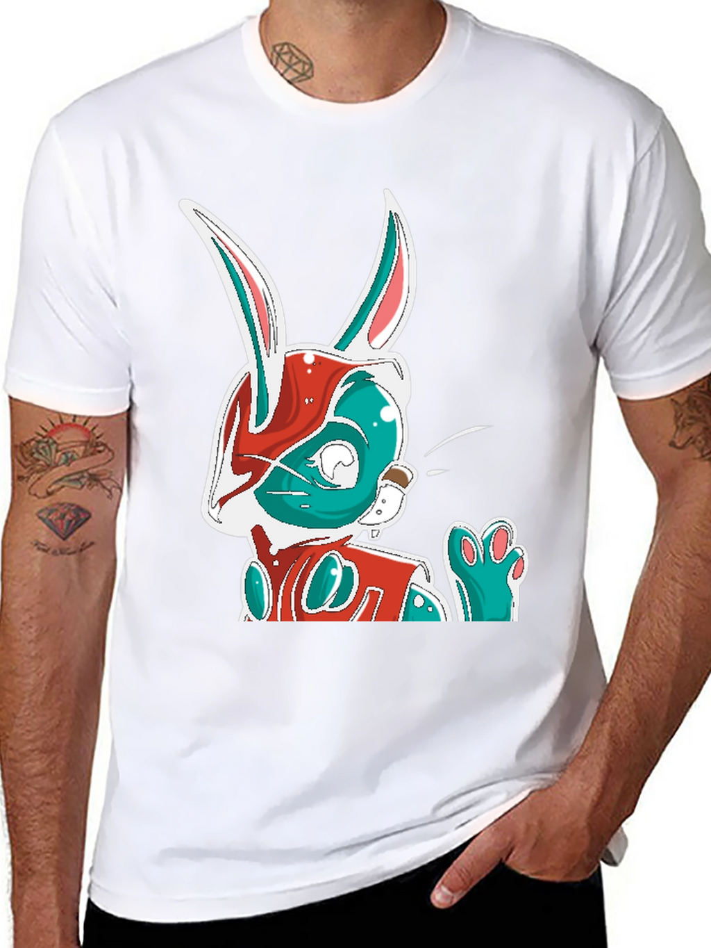 Cool Cartoon Rabbit Graphic Print Black T-Shirt