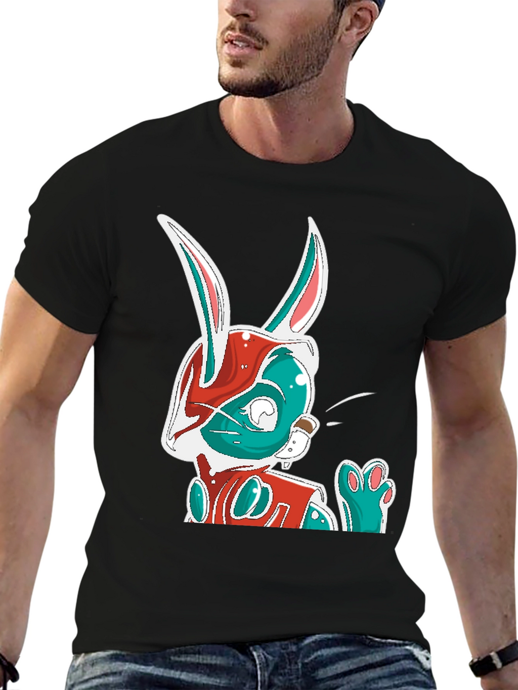Cool Cartoon Rabbit Graphic Print Black T-Shirt