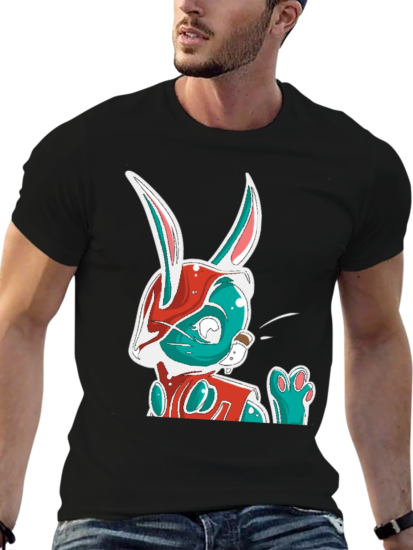 Cool Cartoon Rabbit Graphic Print Black T-Shirt