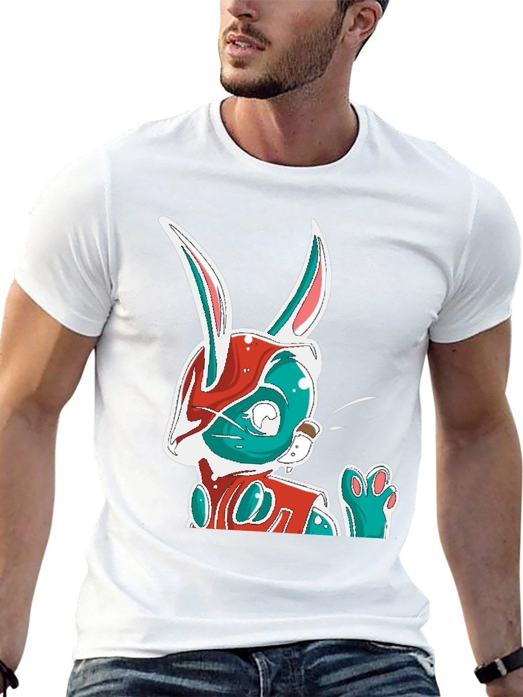 Cool Cartoon Rabbit Graphic Print Black T-Shirt