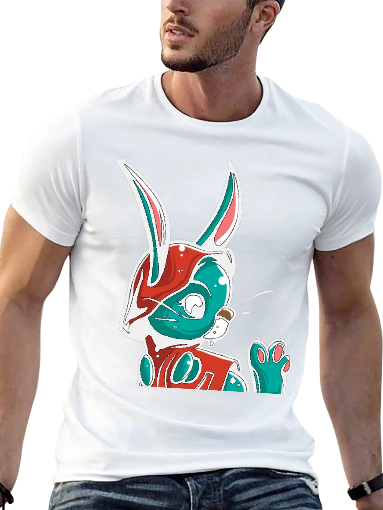 Cool Cartoon Rabbit Graphic Print Black T-Shirt