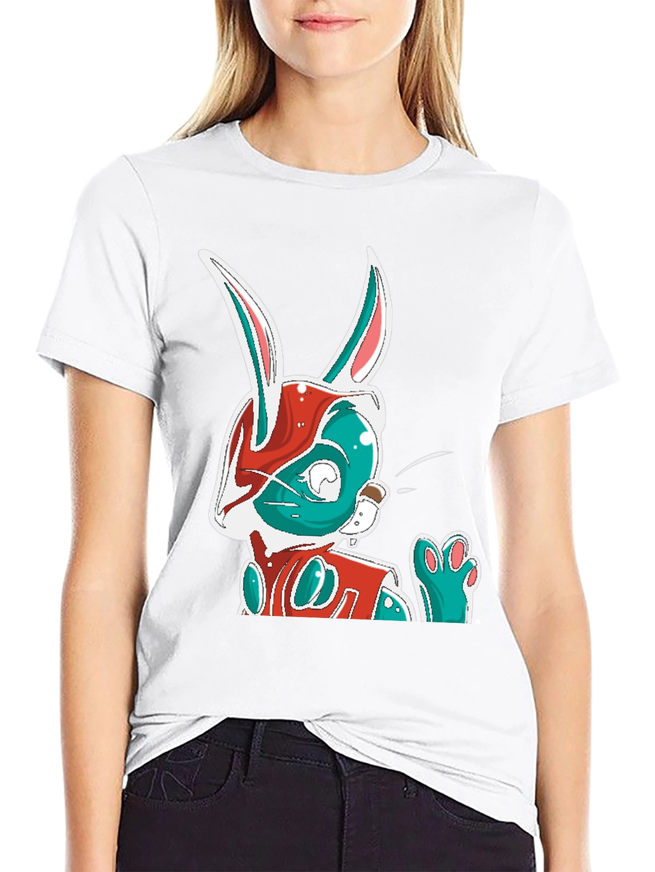 Cool Cartoon Rabbit Graphic Print Black T-Shirt