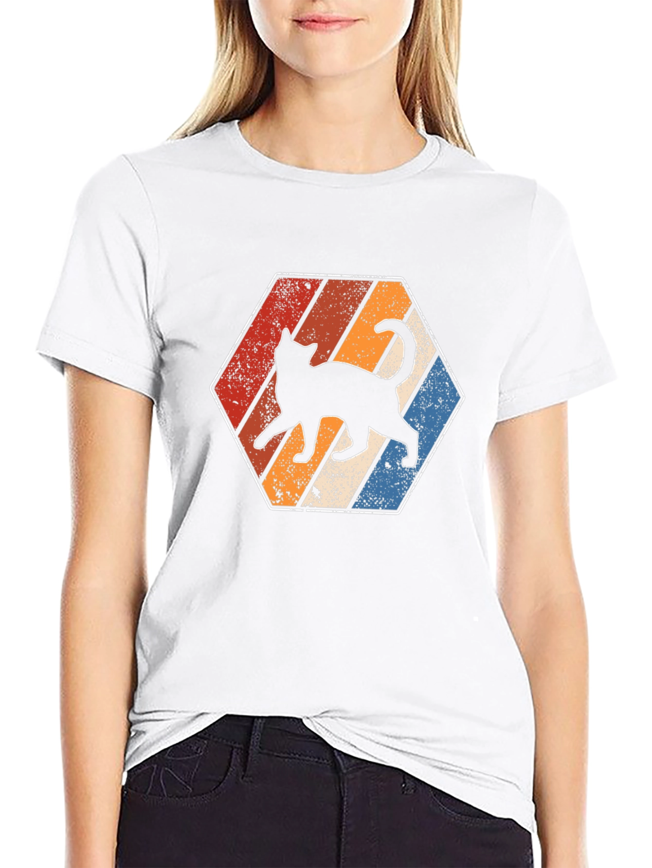 Retro Cat T-Shirt - Vintage Style Hexagon Design