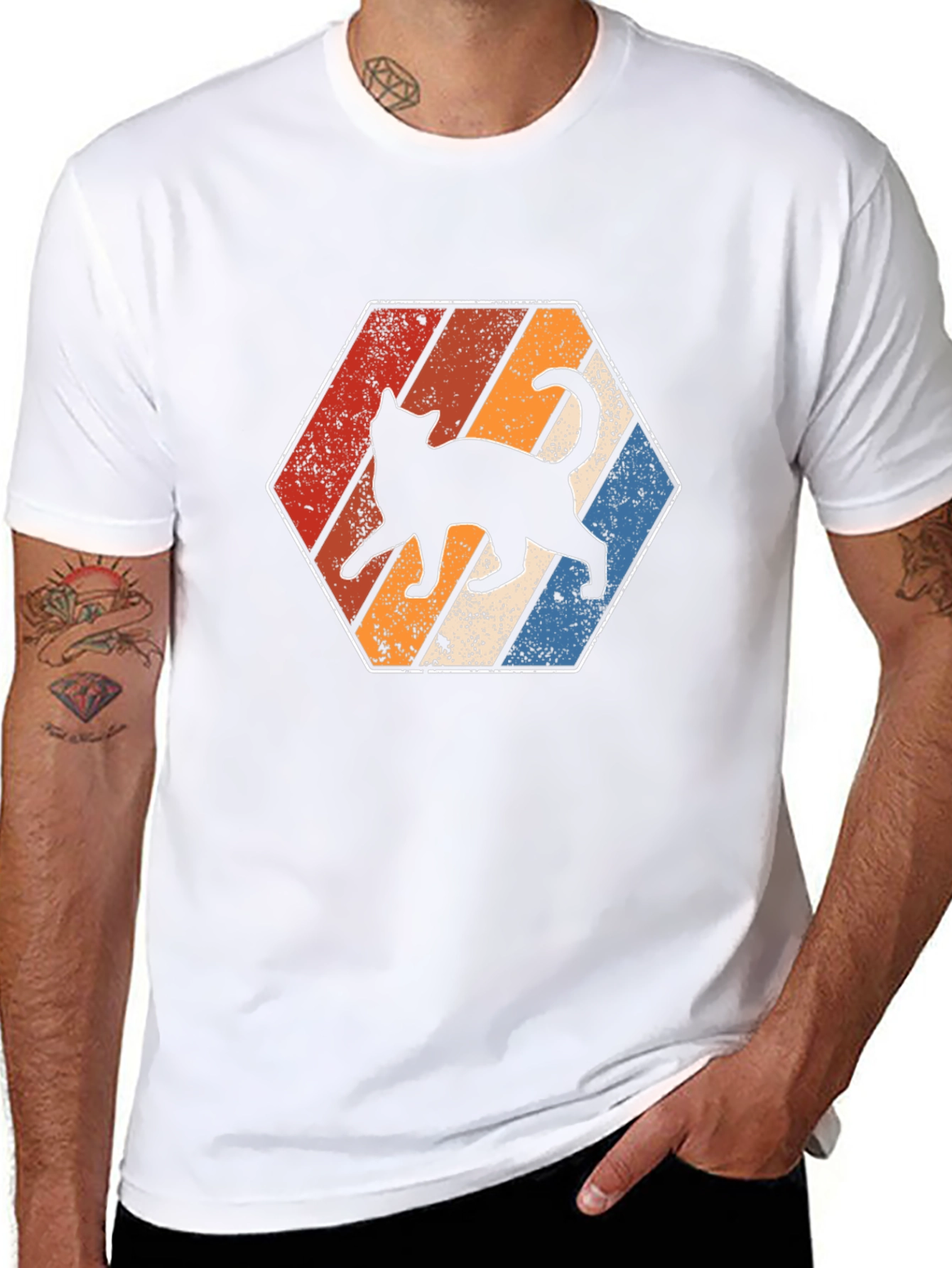 Retro Cat T-Shirt - Vintage Style Hexagon Design