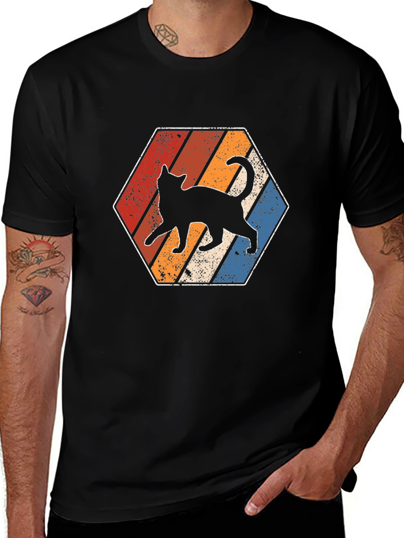 Retro Cat T-Shirt - Vintage Style Hexagon Design