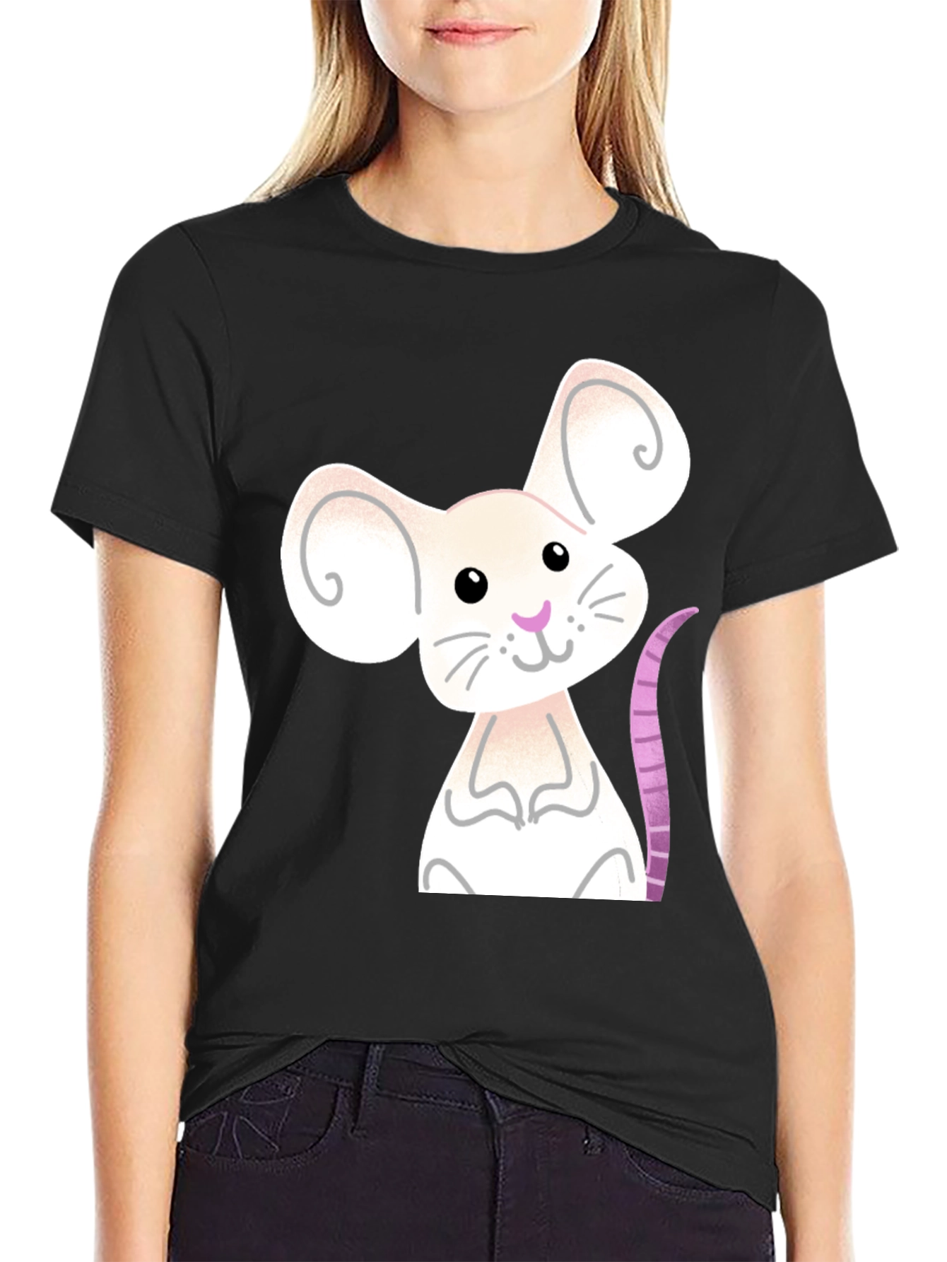 Cute Mouse Graphic Tee - Black Cotton Blend Shirt