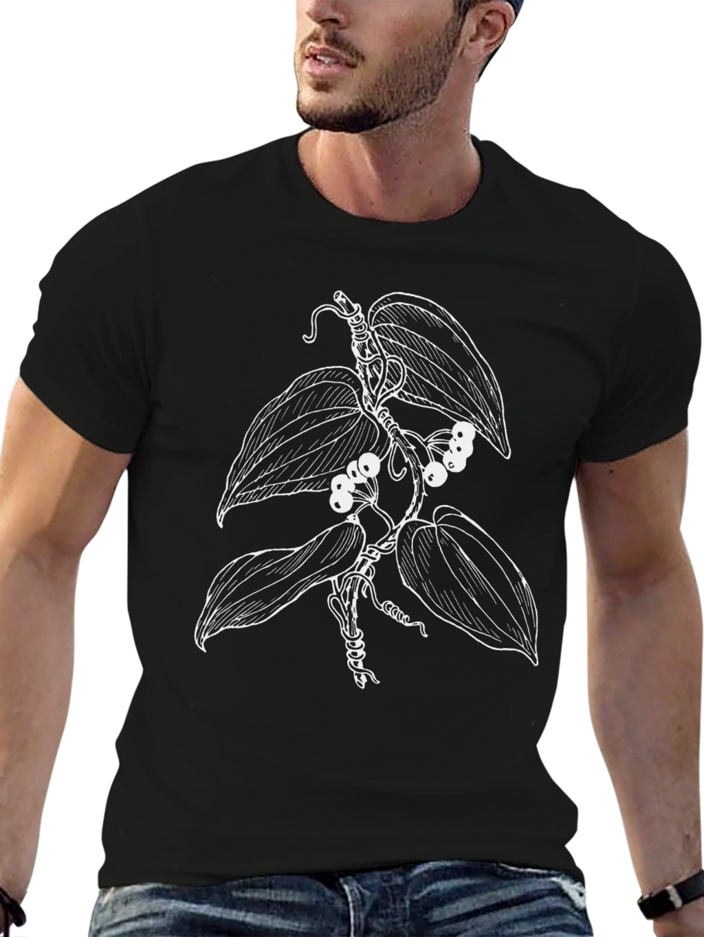 Botanical Vine Graphic Tee - Black Cotton T-Shirt